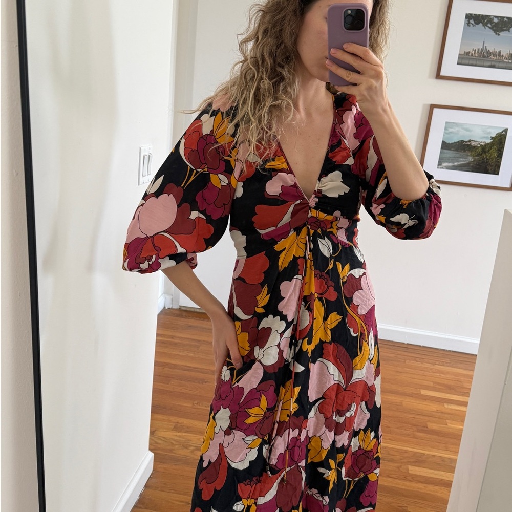 Anthropologie Black Maxi Dress with Pink, Red & Mustard Floral Print